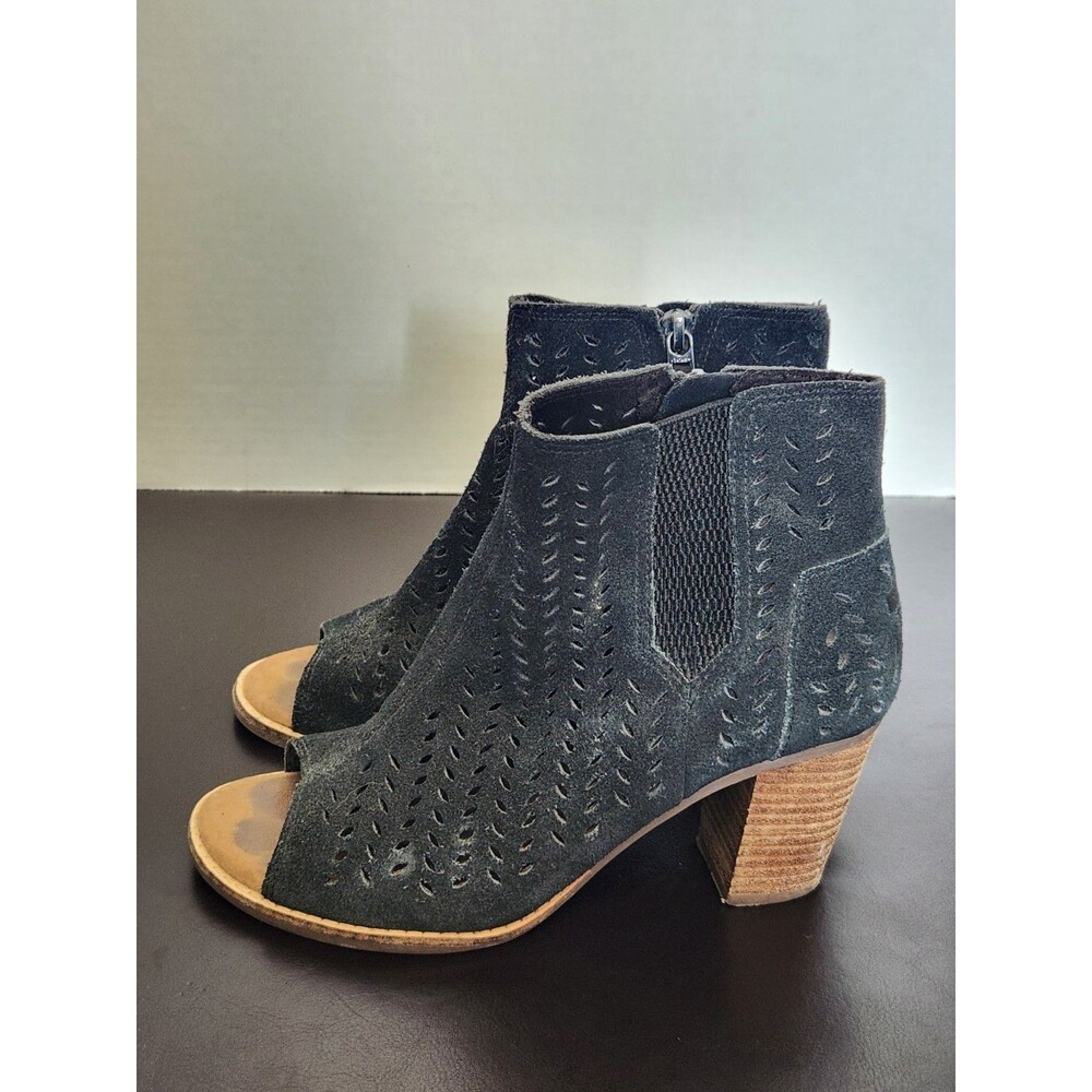 Sz6.5 - Toms Black Suede Perforated Majorca Peep Toe Booties Black Zip Womens